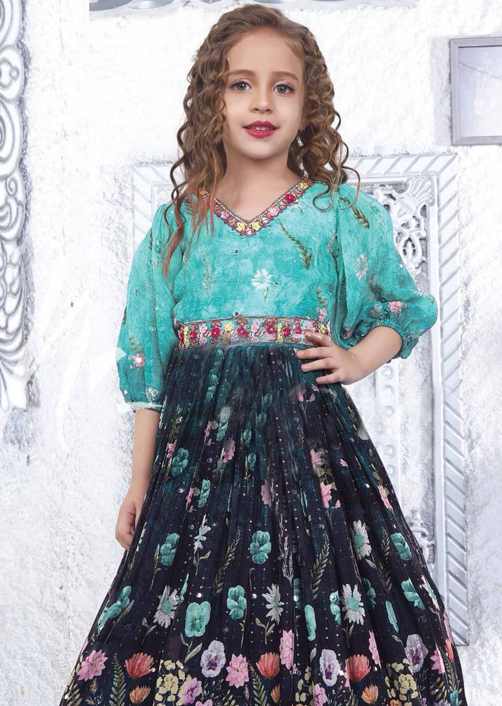 Sea Green & Navy Blue Chinnon Printed Kids Gown