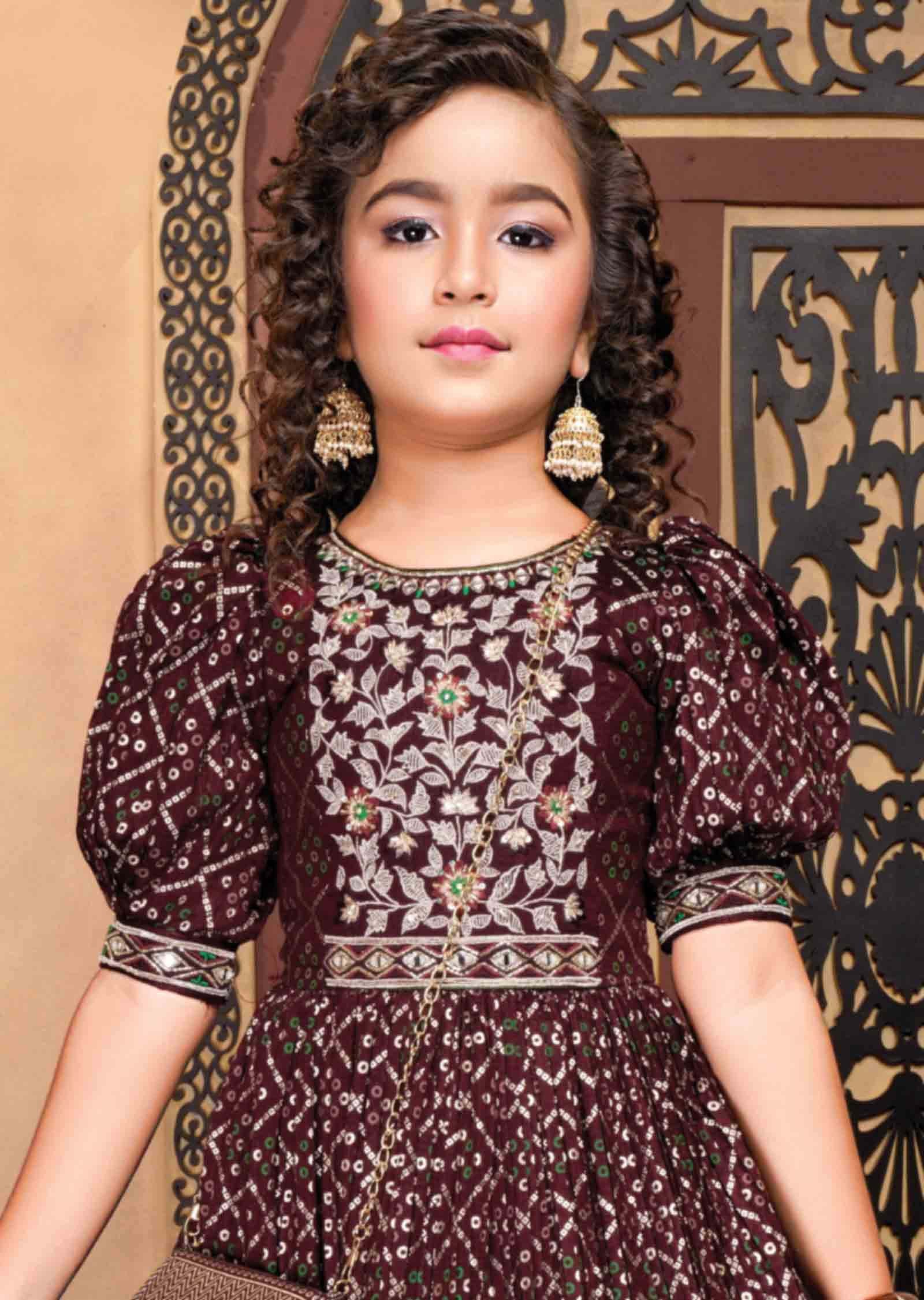 Dark Maroon Silk Embroidered Kids Gown