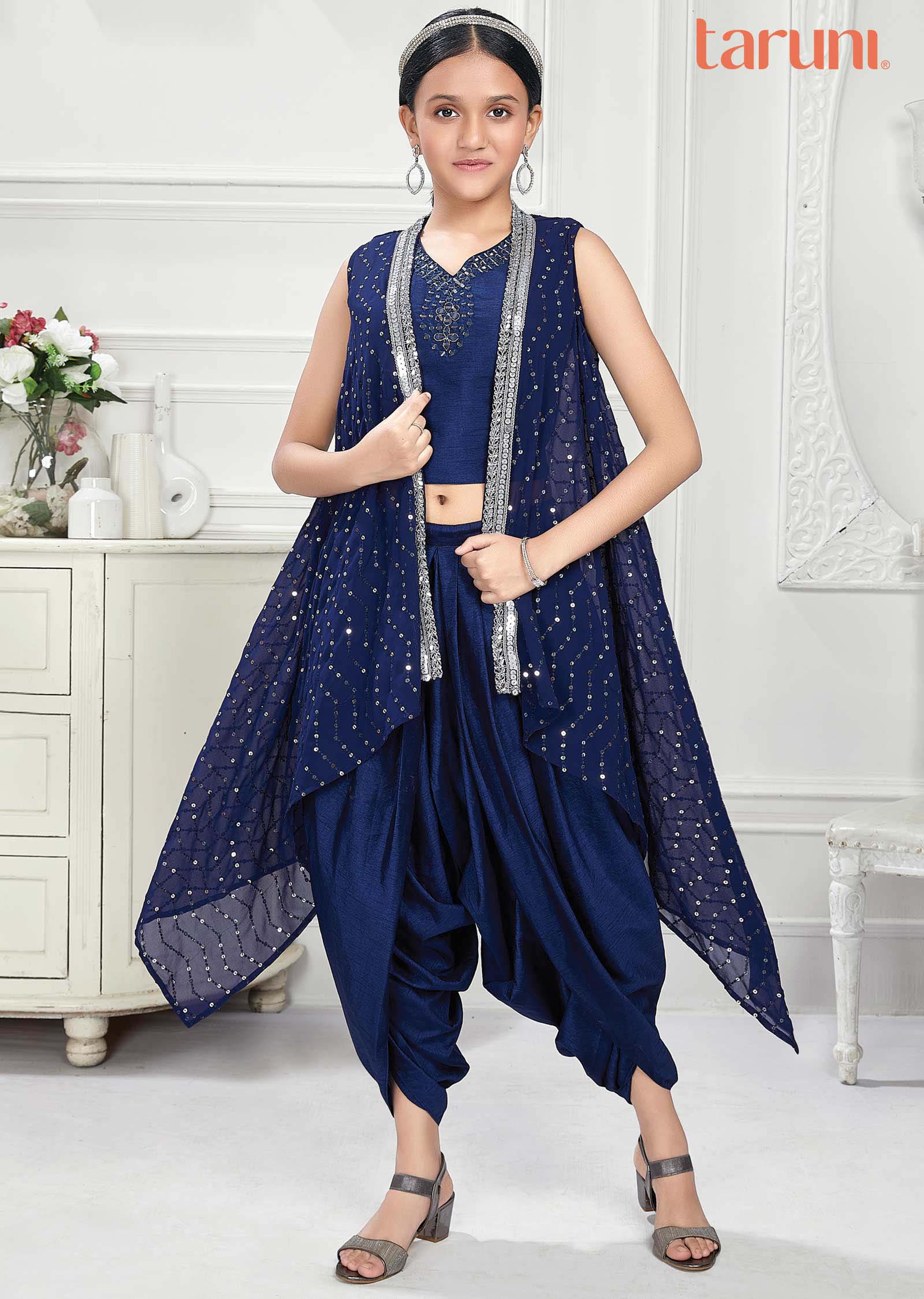 Navy Blue Georgette Sequins Kids Dothi Suit