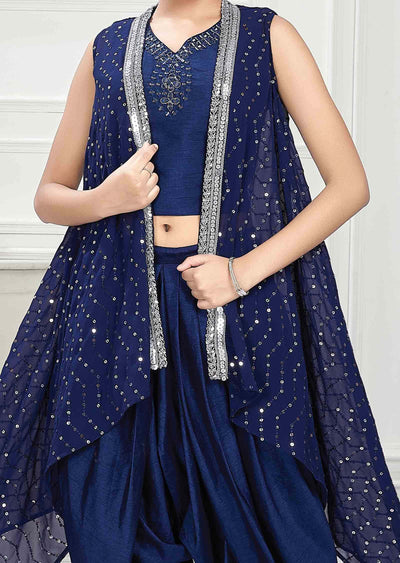 Navy Blue Georgette Sequins Kids Dothi Suit