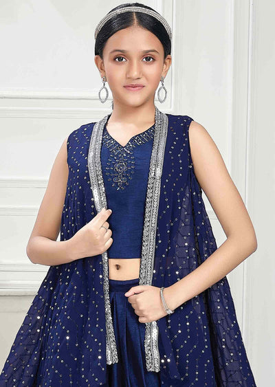 Navy Blue Georgette Sequins Kids Dothi Suit