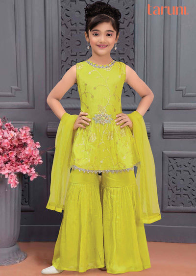 Parrot green Chinnon Embroidered Kids Gharara