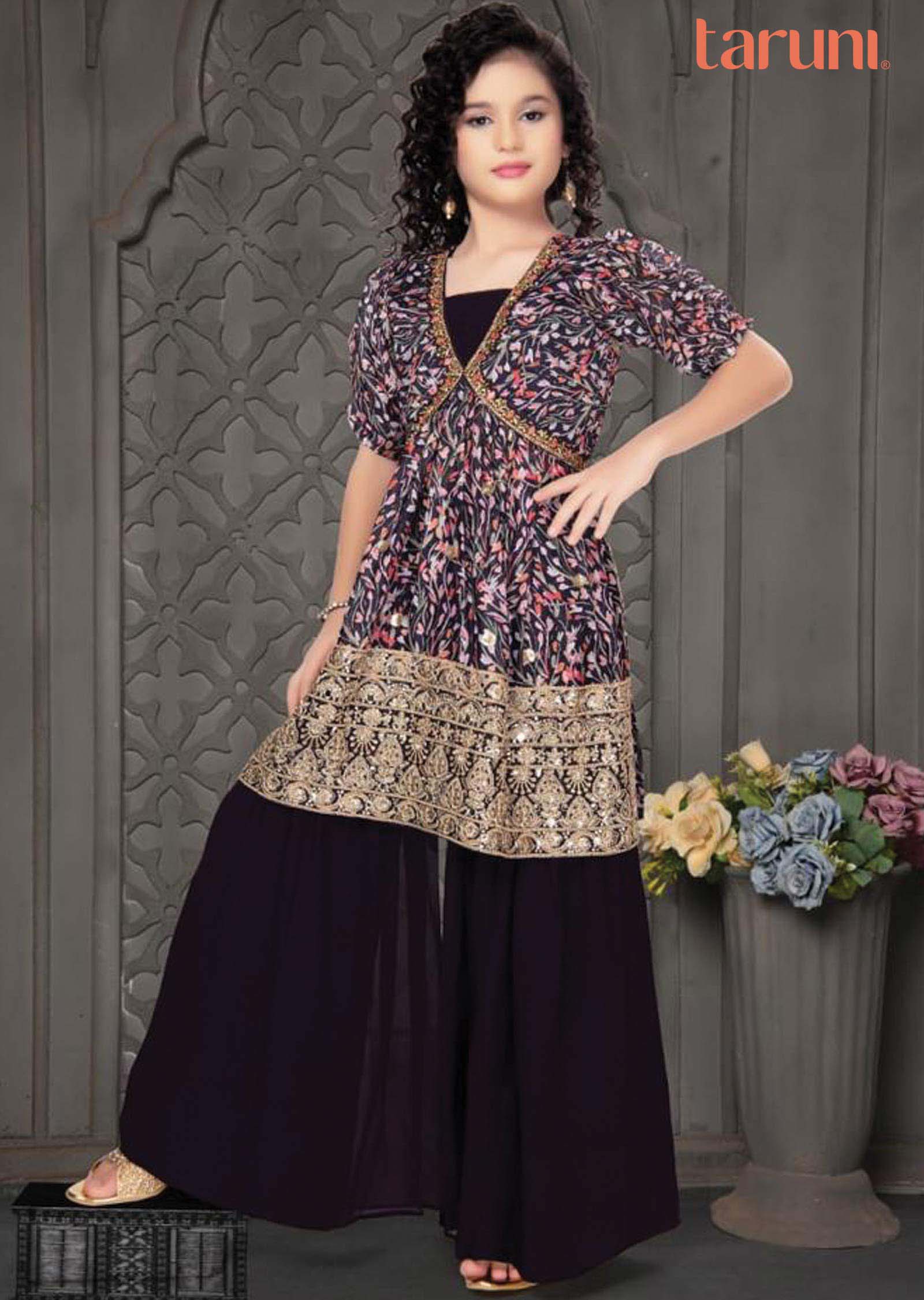 Dark Wine Chinnon Zardosi & Embroidered Aliacut Kids Gharara