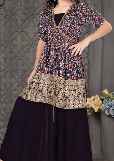 Dark Wine Chinnon Zardosi & Embroidered Aliacut Kids Gharara