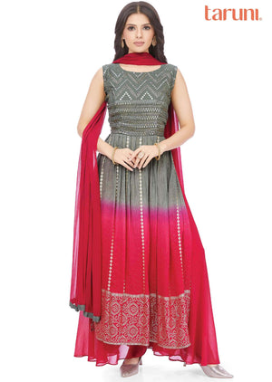 Grey/Rani pink Georgette Sequins Nayara Cut