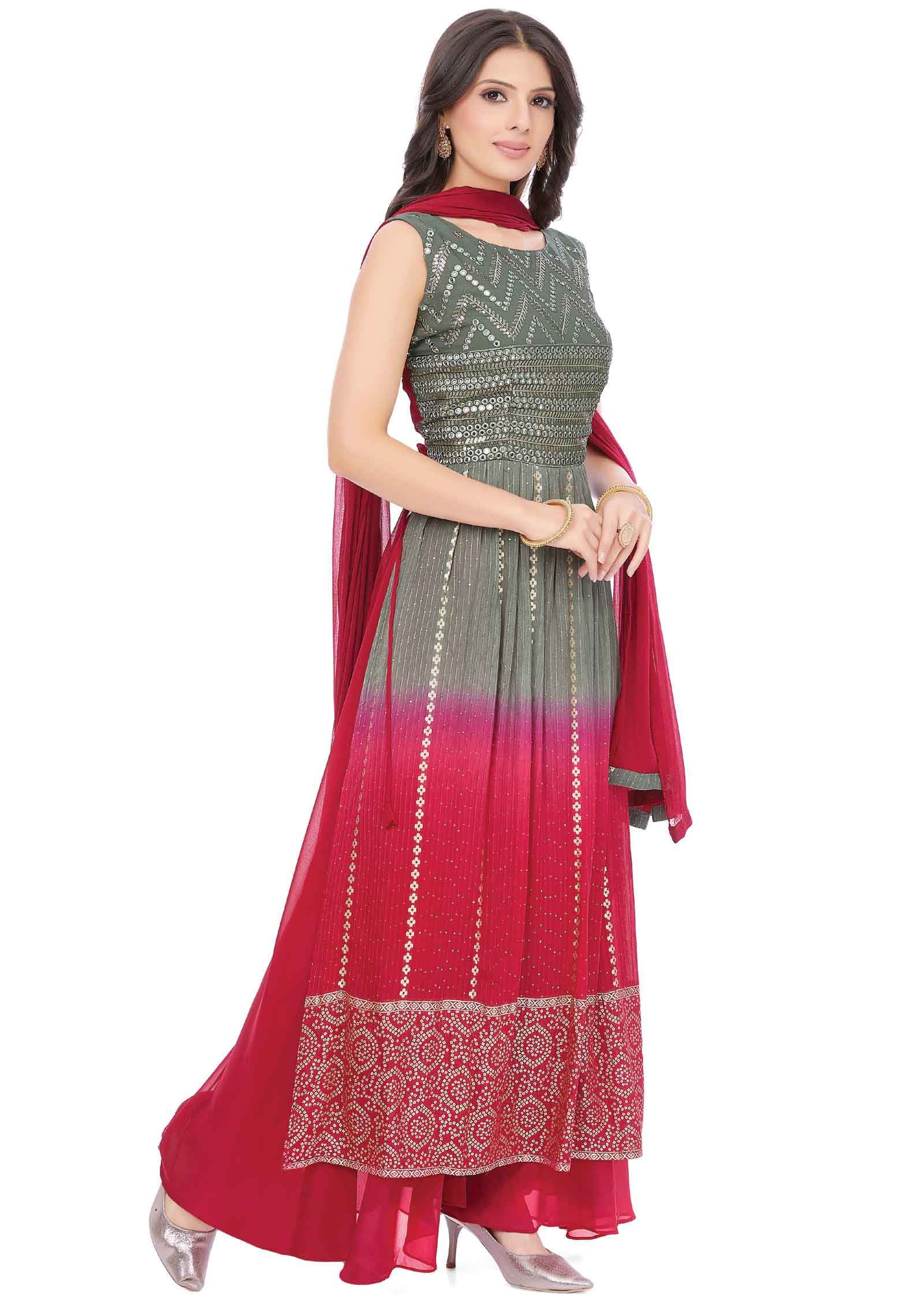 Grey/Rani pink Georgette Sequins Nayara Cut