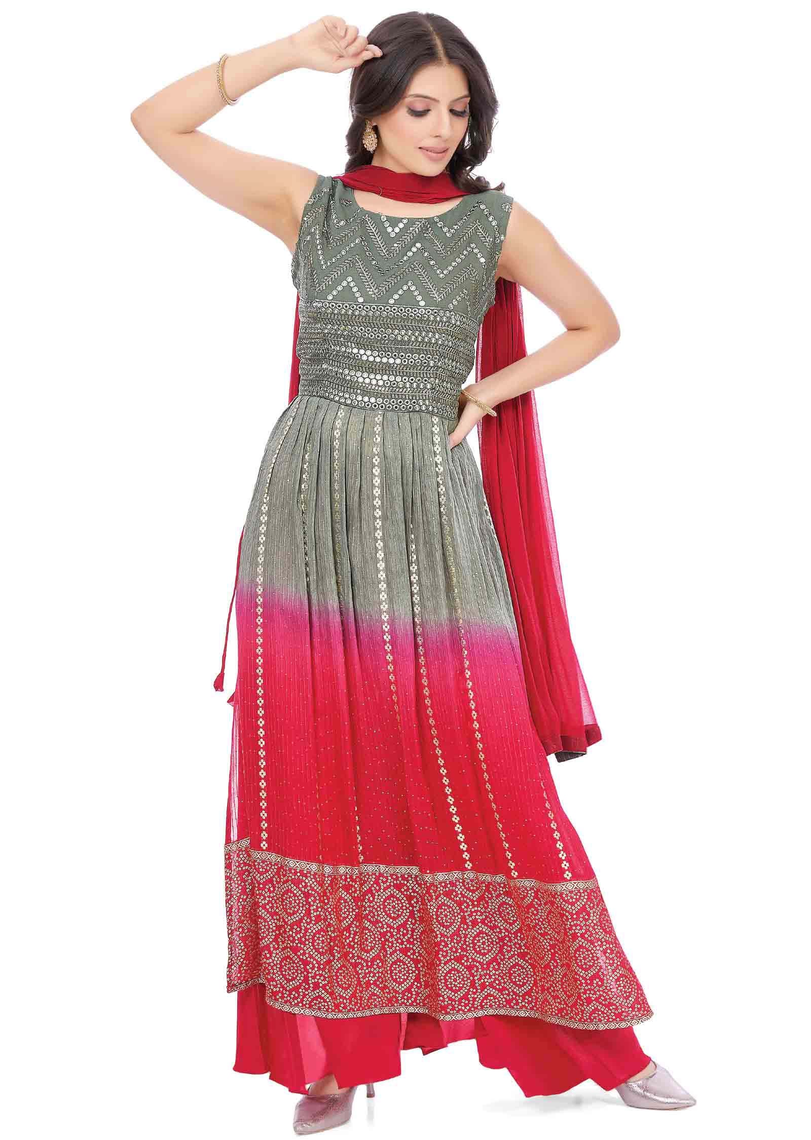 Grey/Rani pink Georgette Sequins Nayara Cut