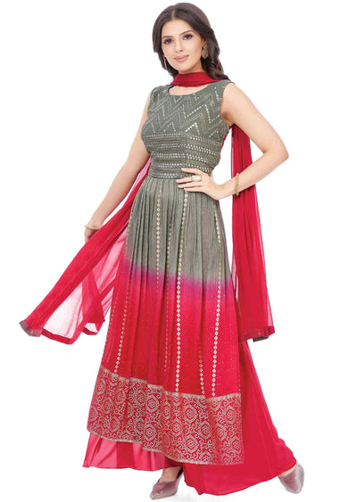 Grey/Rani pink Georgette Sequins Nayara Cut