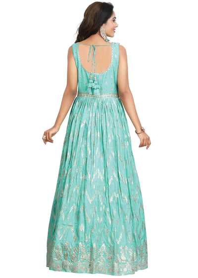 Sea Green Banaras Silk Embroidered Anarkali