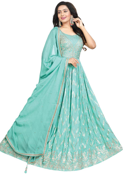 Sea Green Banaras Silk Embroidered Anarkali