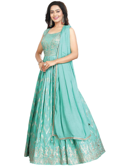 Sea Green Banaras Silk Embroidered Anarkali