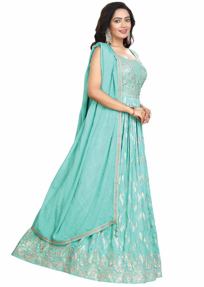 Sea Green Banaras Silk Embroidered Anarkali