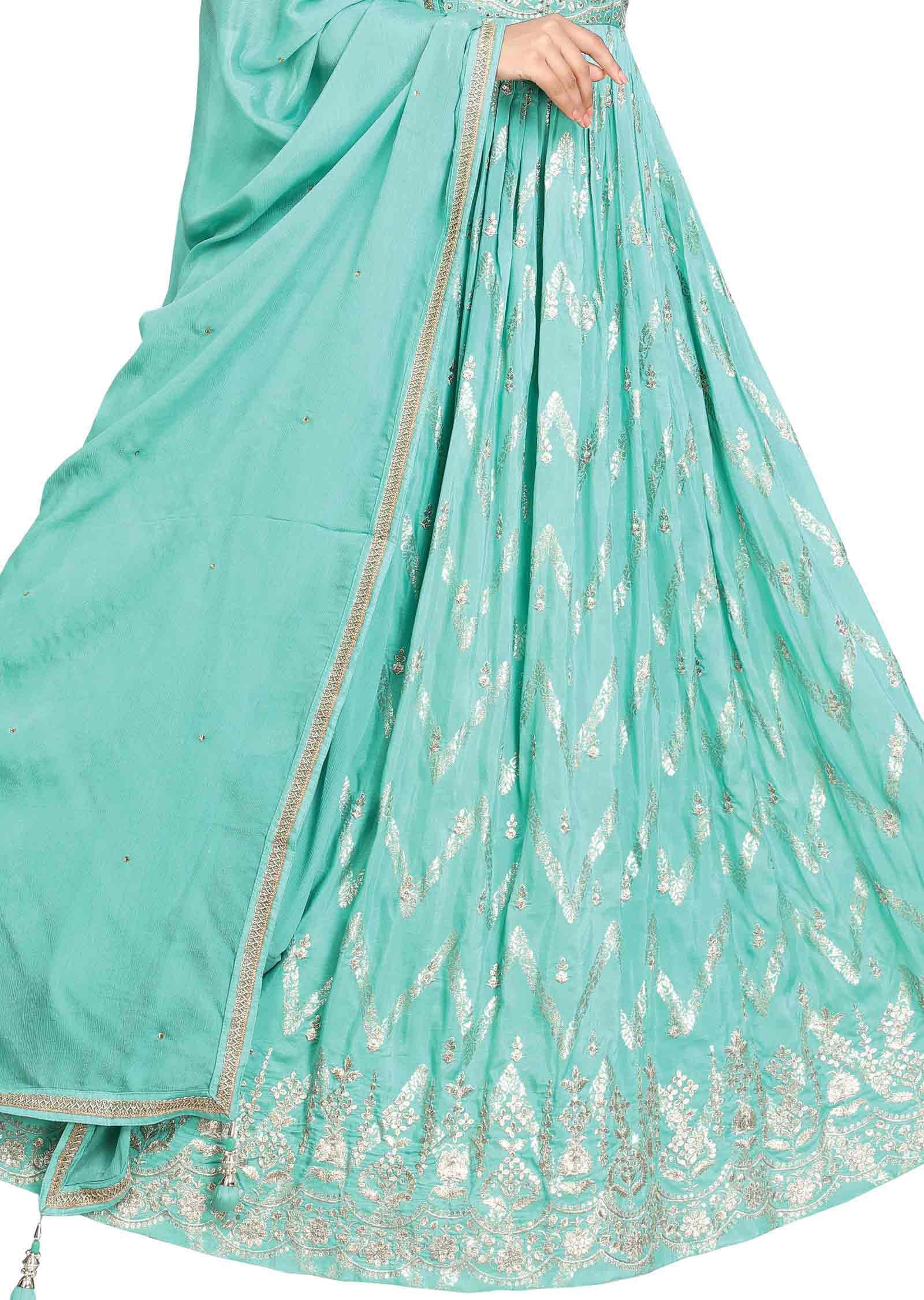 Sea Green Banaras Silk Embroidered Anarkali