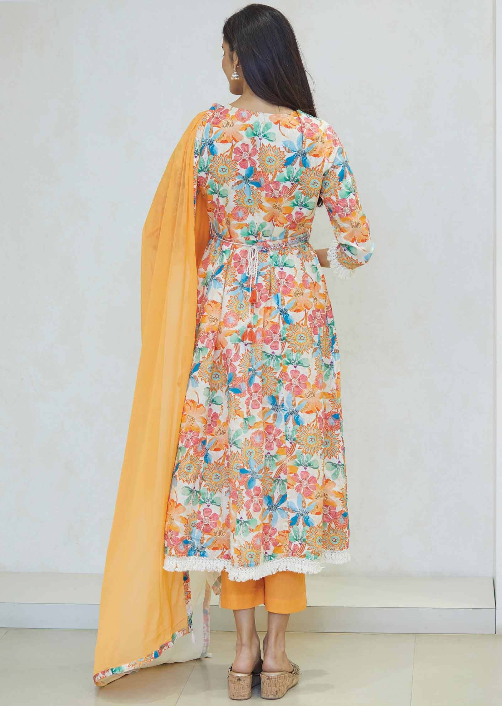 Cream Cotton Printed Anarkali