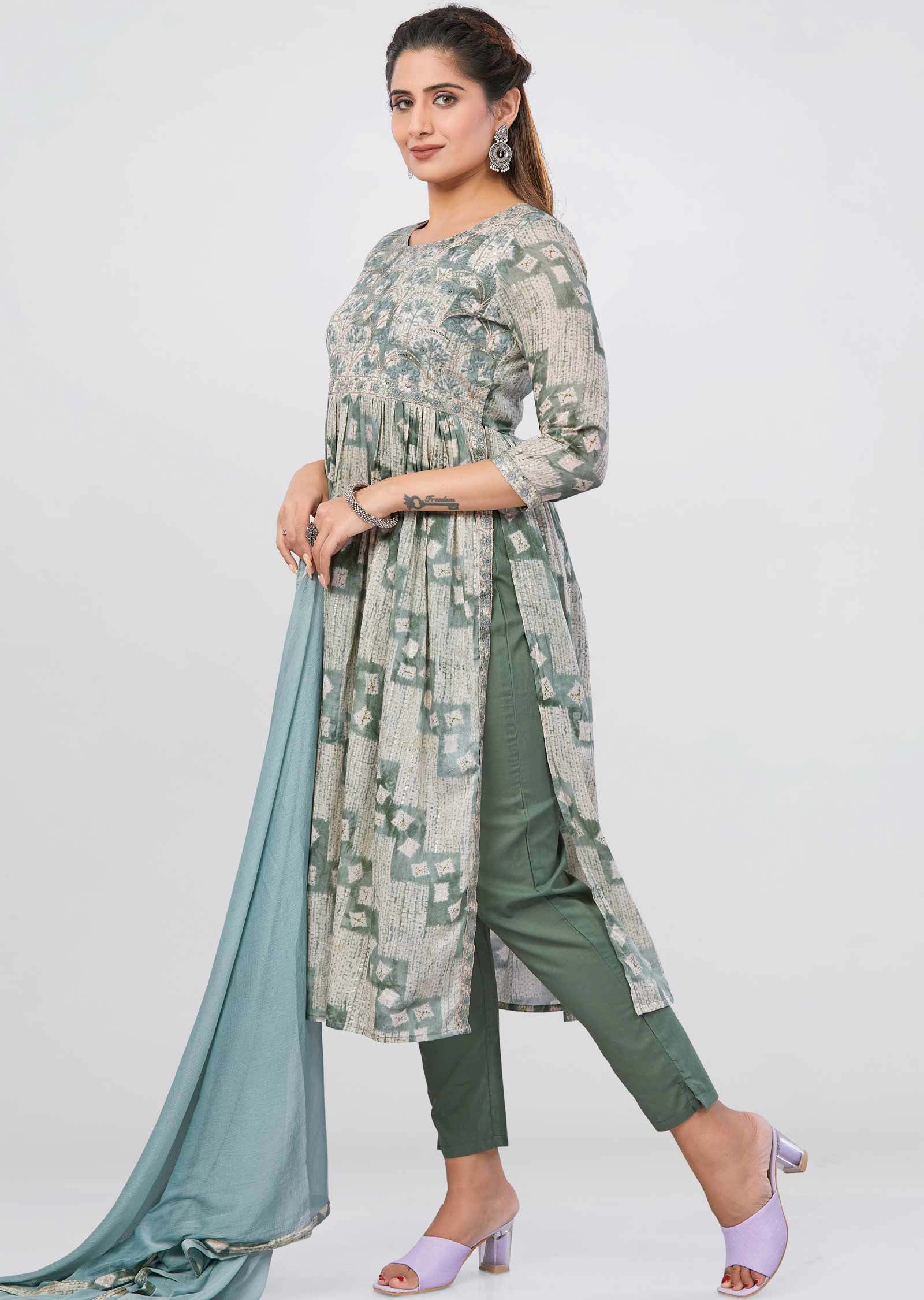 Dusty Green Cotton Sequins Nayara Cut