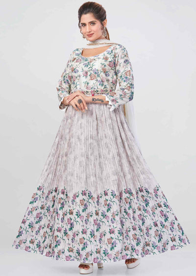 Cream Silk/Chinnon Floral Printed Anarkali