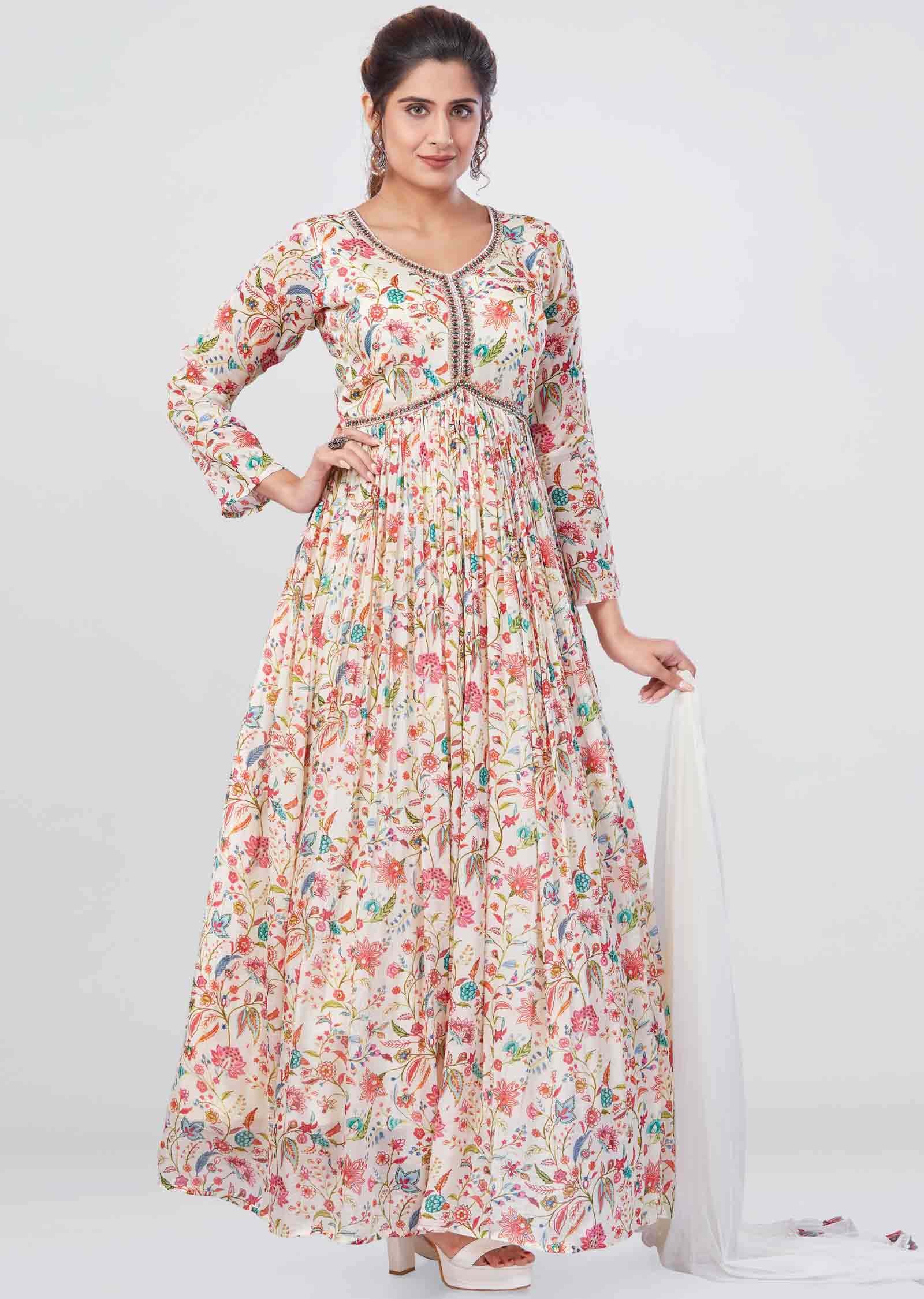 Cream Chinnon Anarkali