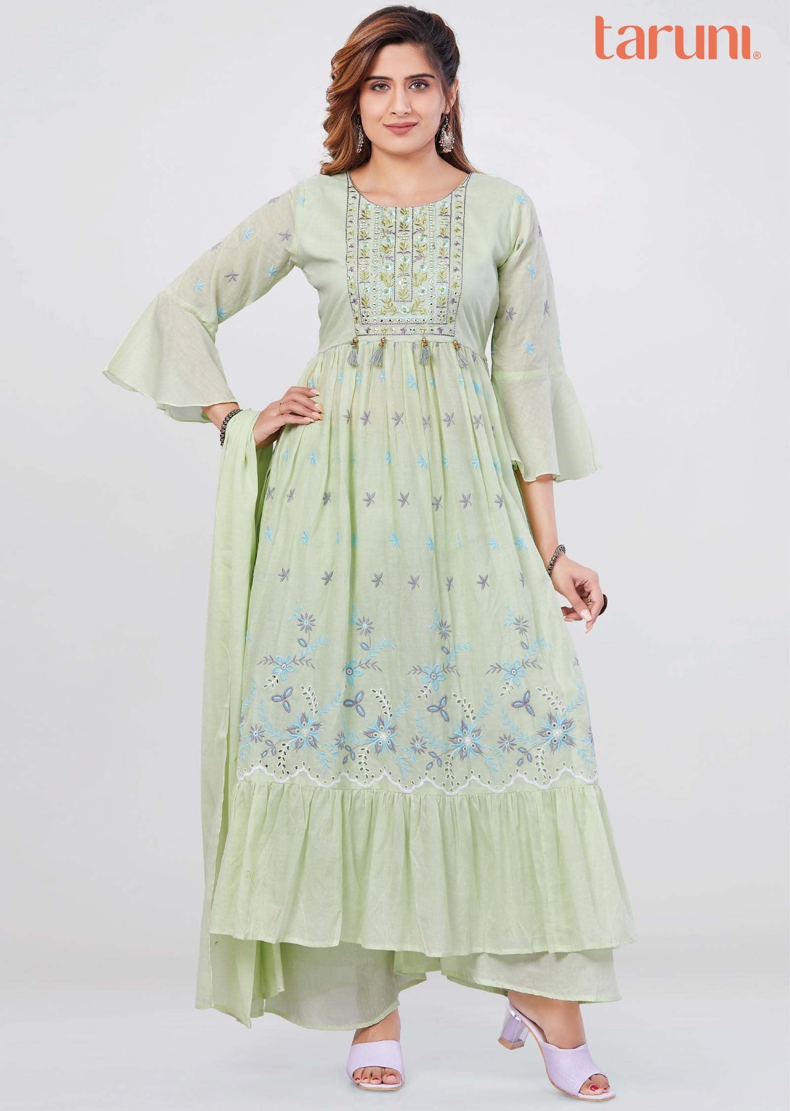 Light parrot Green Cotton Gota Work Nayara Cut