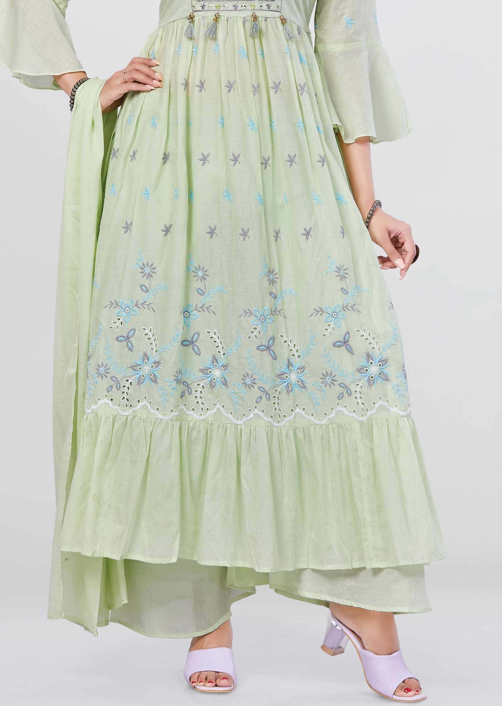 Light parrot Green Cotton Gota Work Nayara Cut