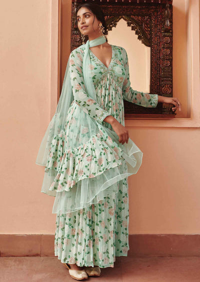 Light sea green Georgette Floral Printed Anarkali