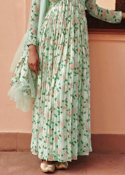 Light sea green Georgette Floral Printed Anarkali