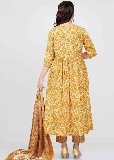 Mustard Cotton Printed Anarkali