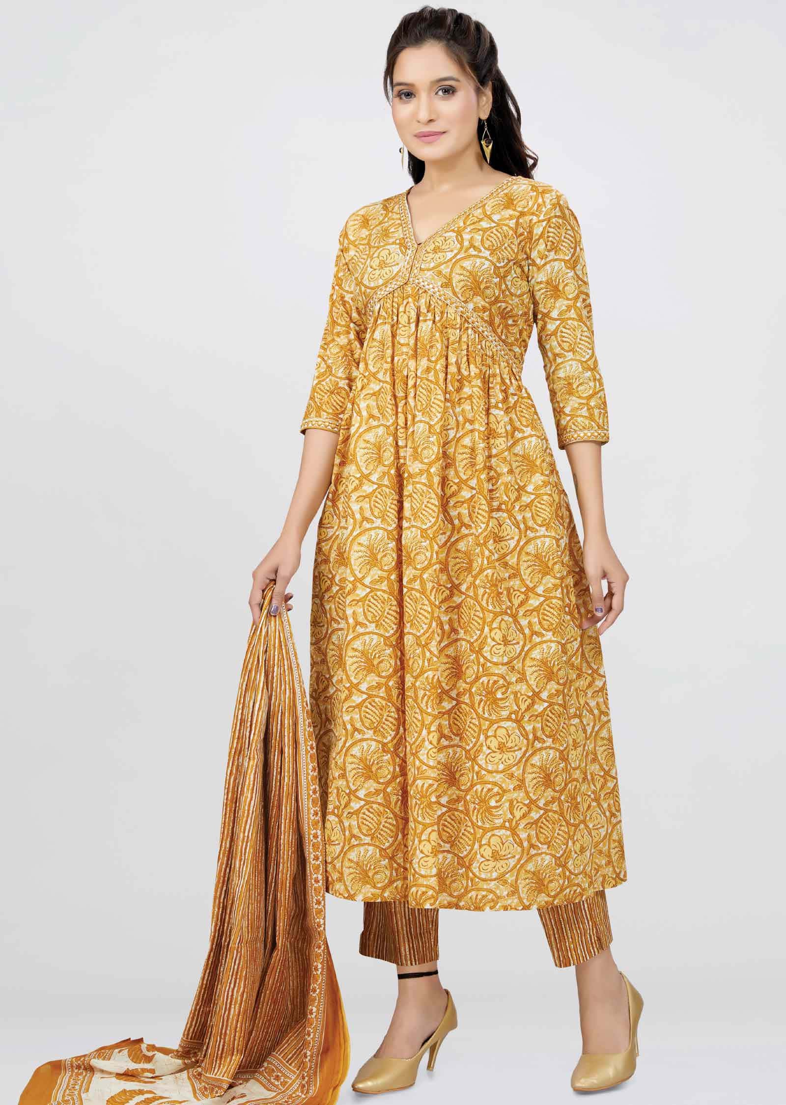 Mustard Cotton Printed Anarkali