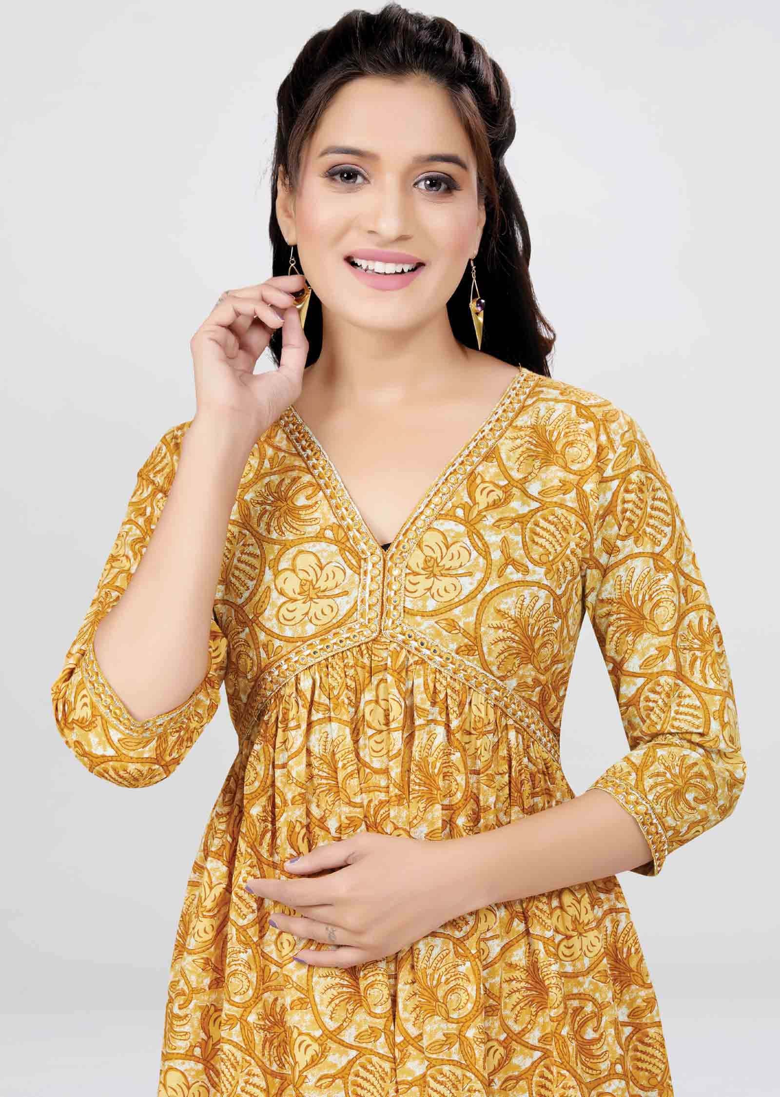 Mustard Cotton Printed Anarkali