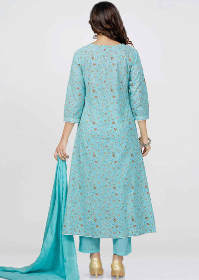 Sea Green Cotton Printed Anarkali