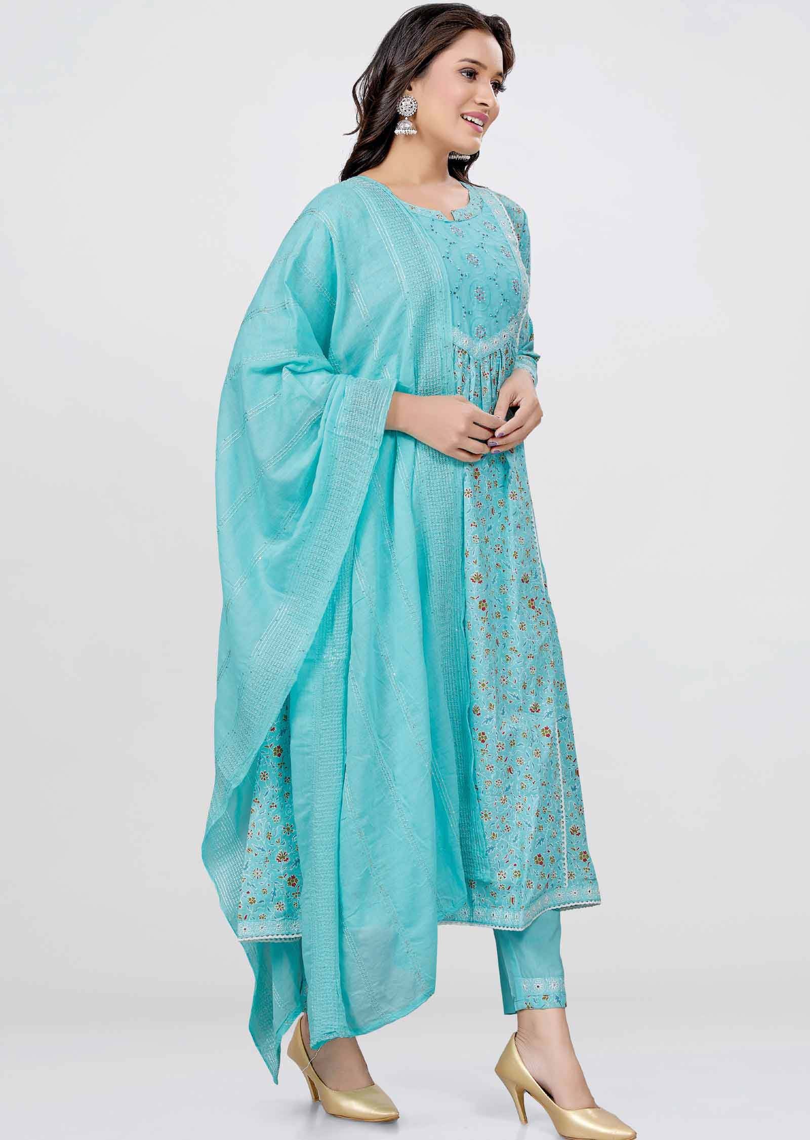 Sea Green Cotton Printed Anarkali