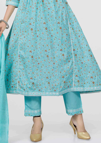 Sea Green Cotton Printed Anarkali