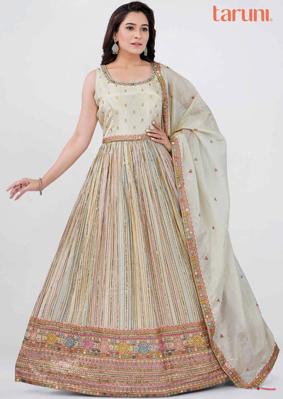 Beige Tissue Silk Embroidered Anarkali