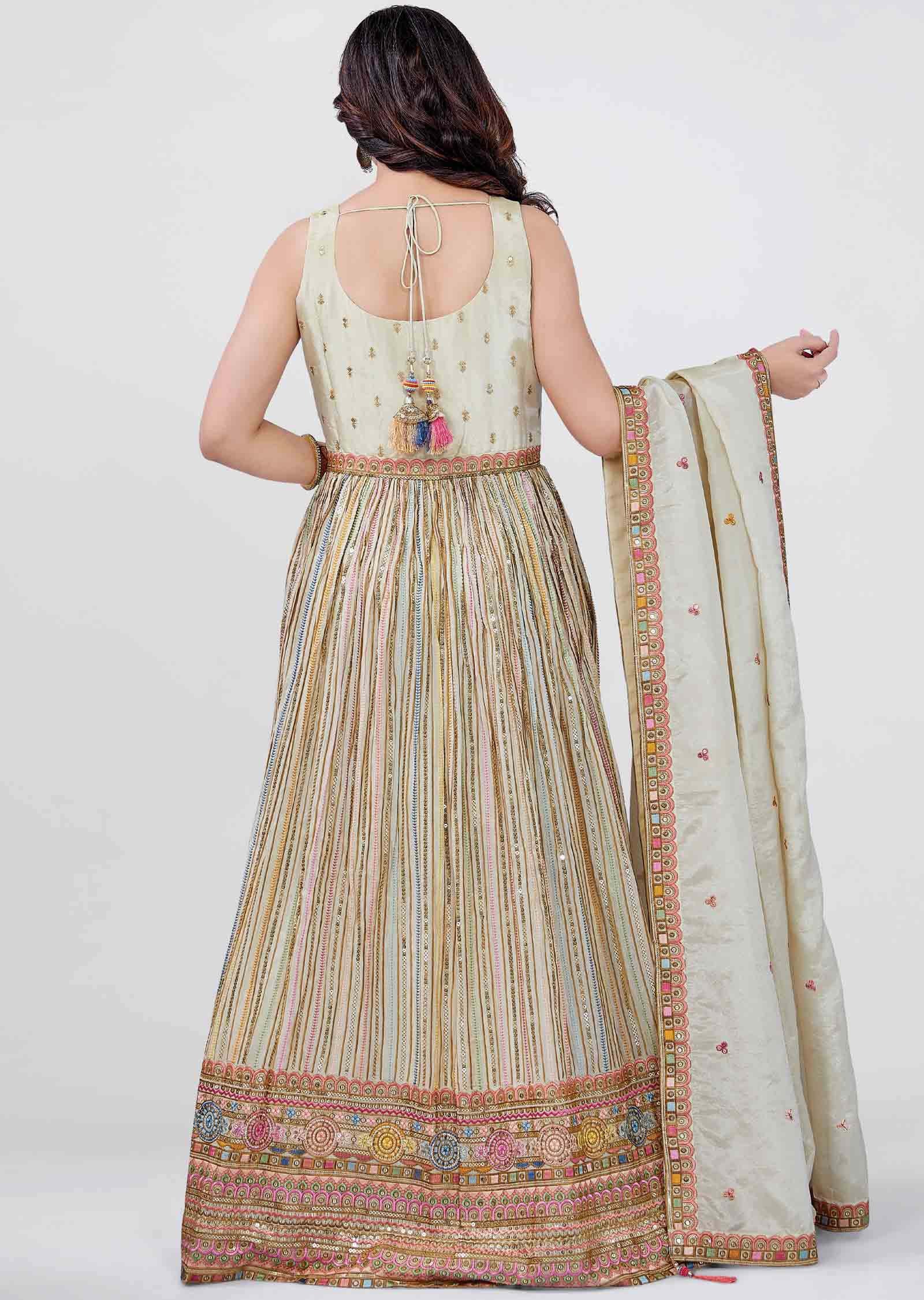 Beige Tissue Silk Embroidered Anarkali