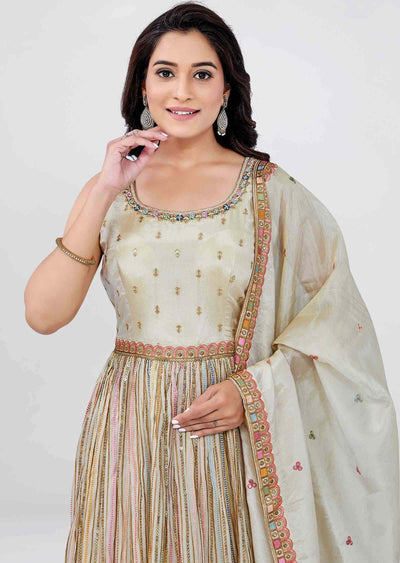 Beige Tissue Silk Embroidered Anarkali