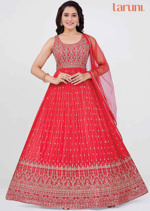 Coral Georgette Embroidered Anarkali