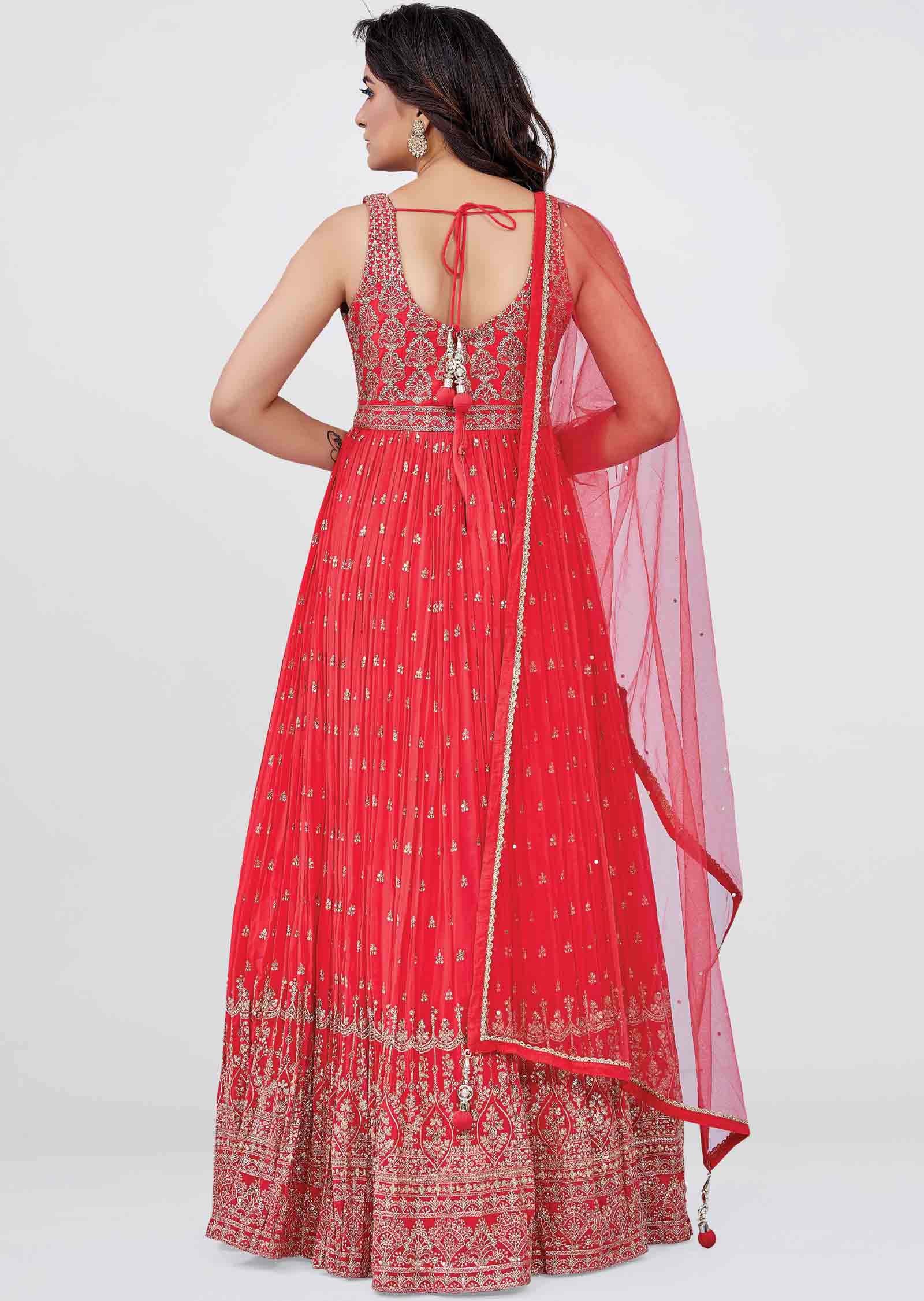 Coral Georgette Embroidered Anarkali