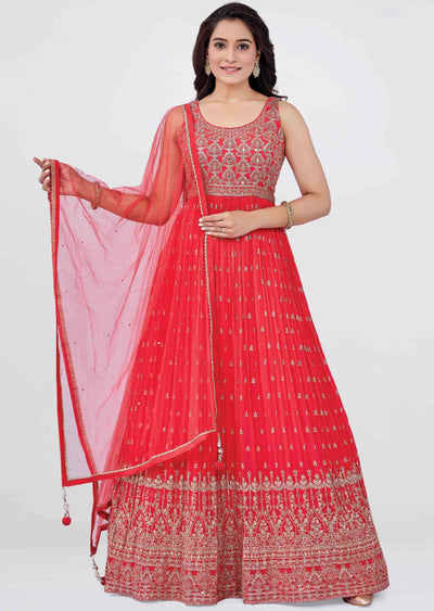 Coral Georgette Embroidered Anarkali