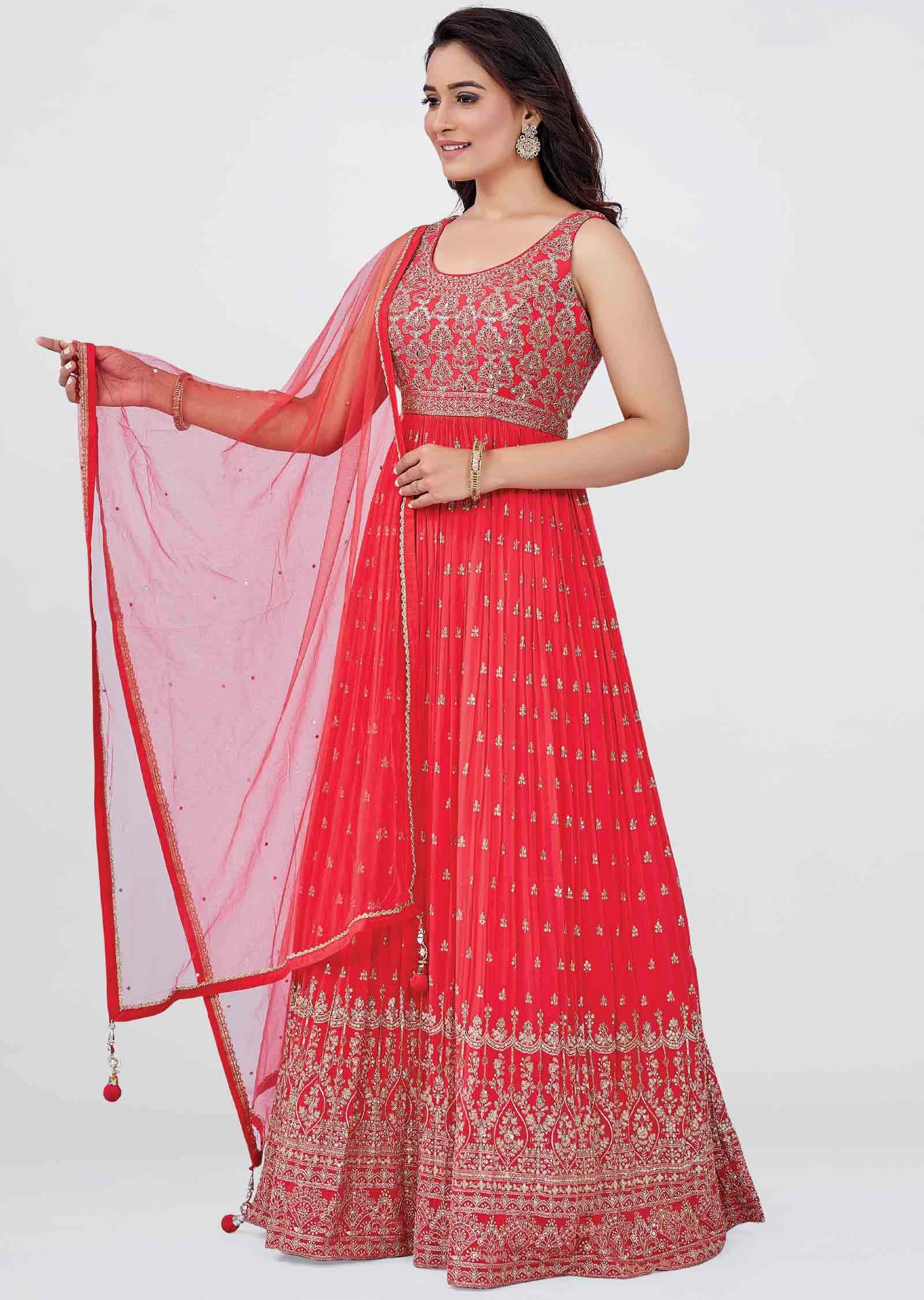 Coral Georgette Embroidered Anarkali