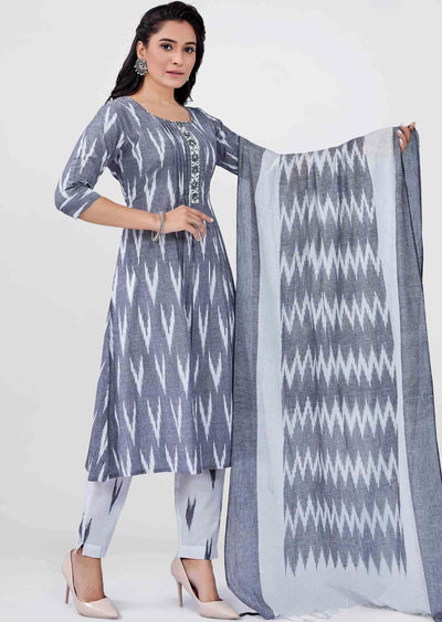 Grey Cotton Printed Anarkali