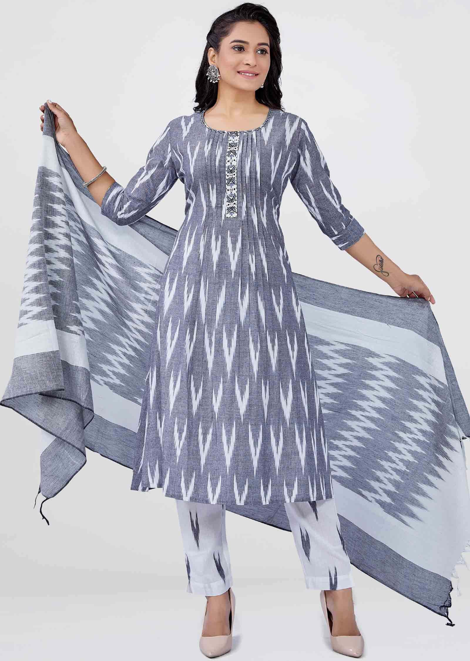 Grey Cotton Printed Anarkali