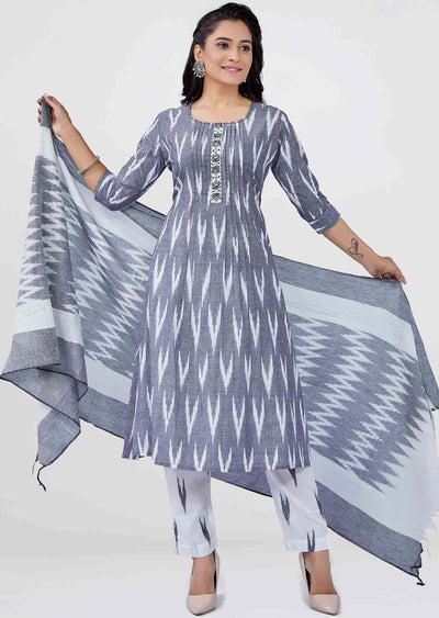 Grey Cotton Printed Anarkali