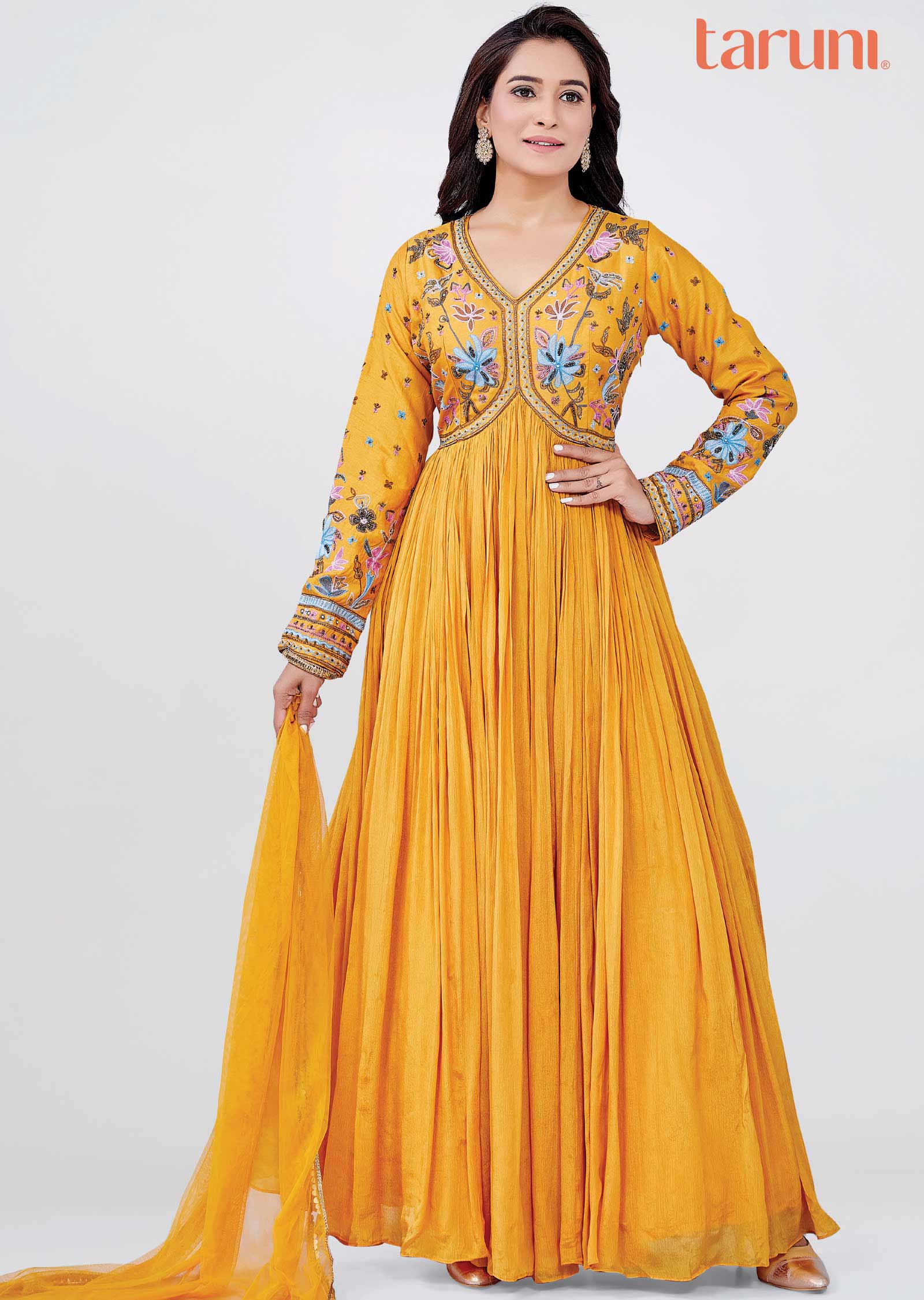 Mustard Silk /Chinnon Sequins Anarkali