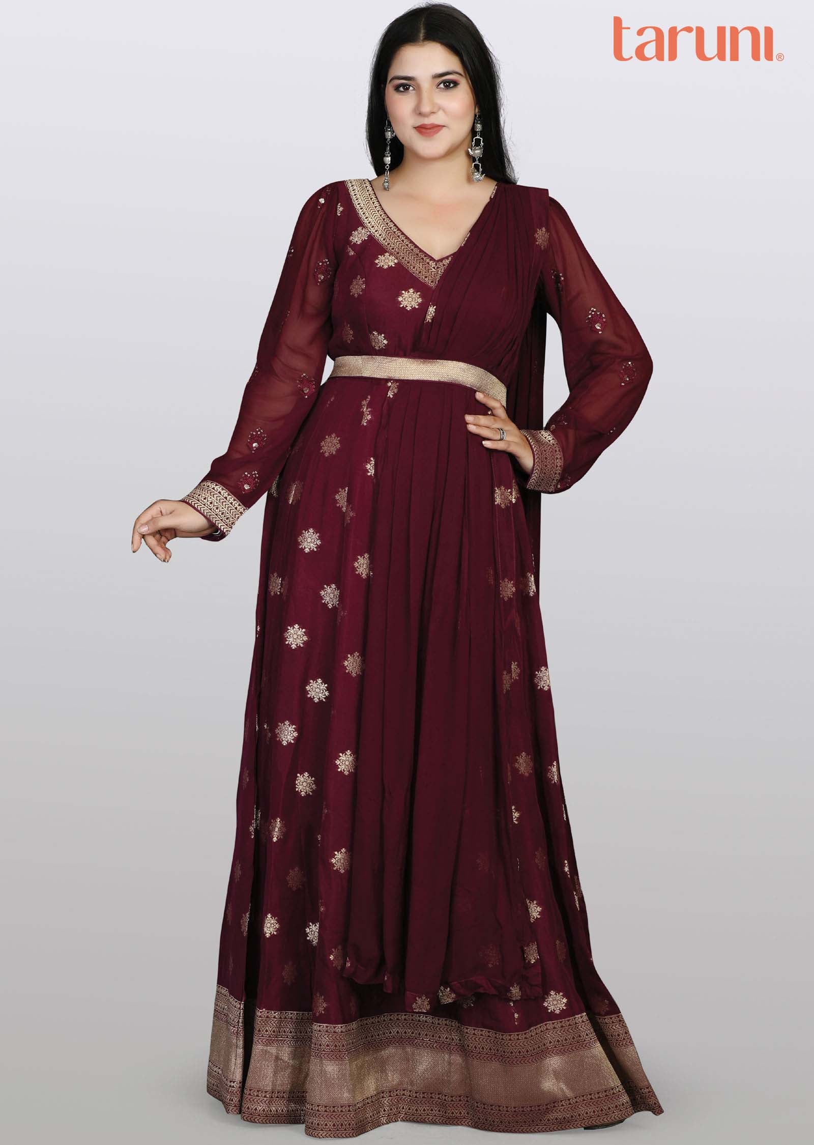 Wine Banaras Silk Sequins Anarkali