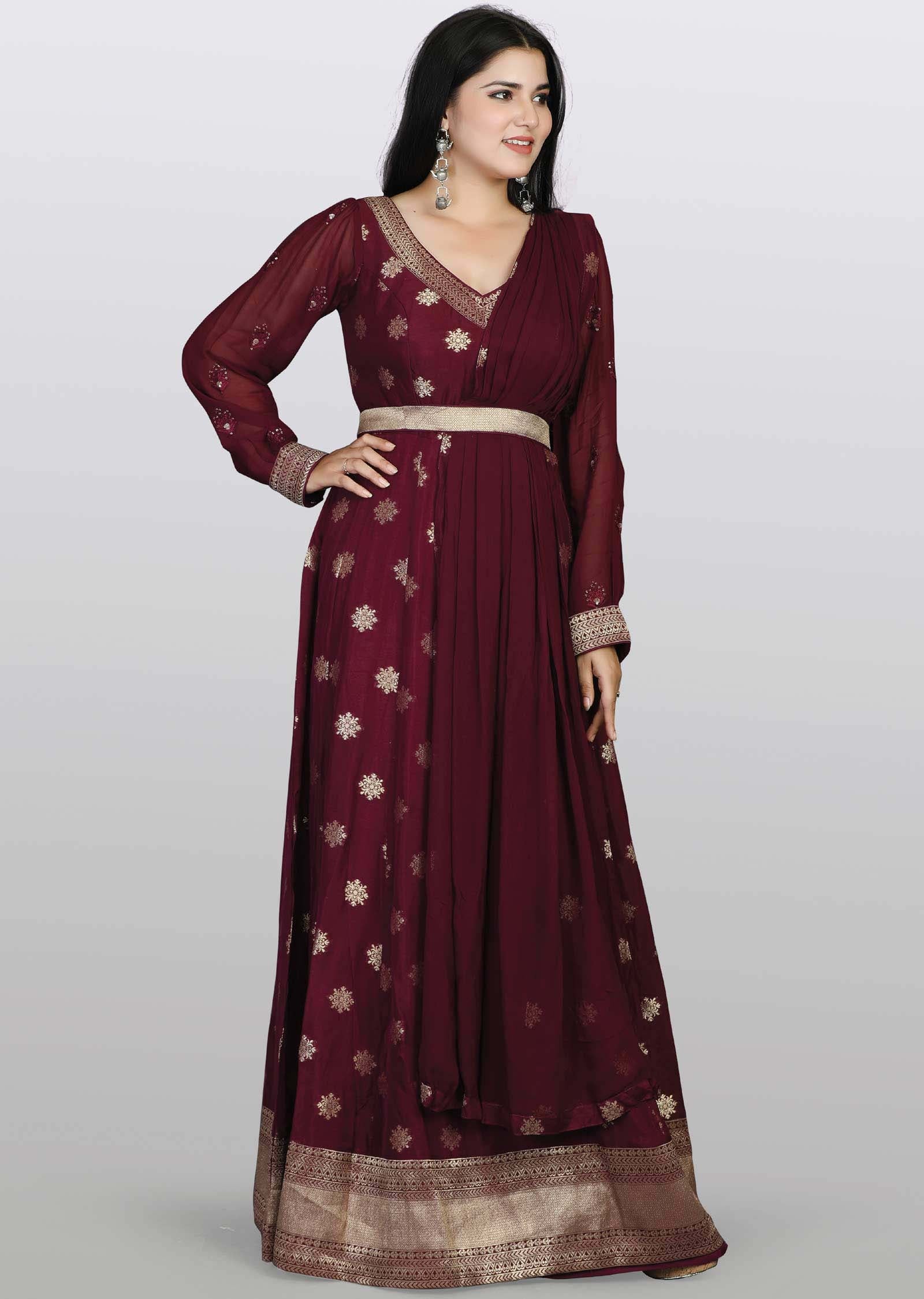 Wine Banaras Silk Sequins Anarkali