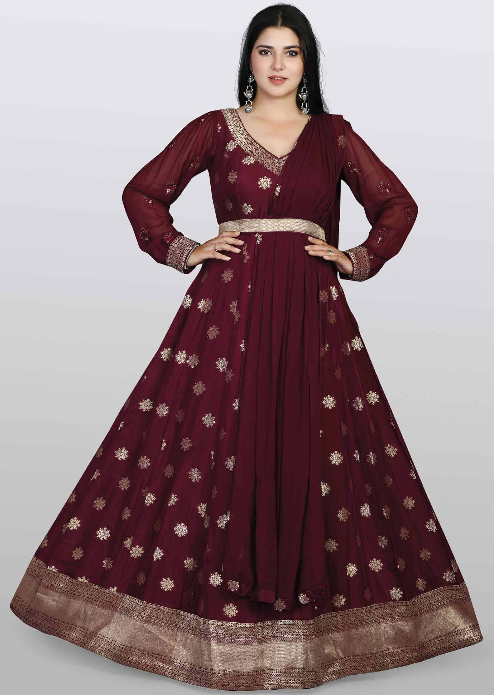 Wine Banaras Silk Sequins Anarkali