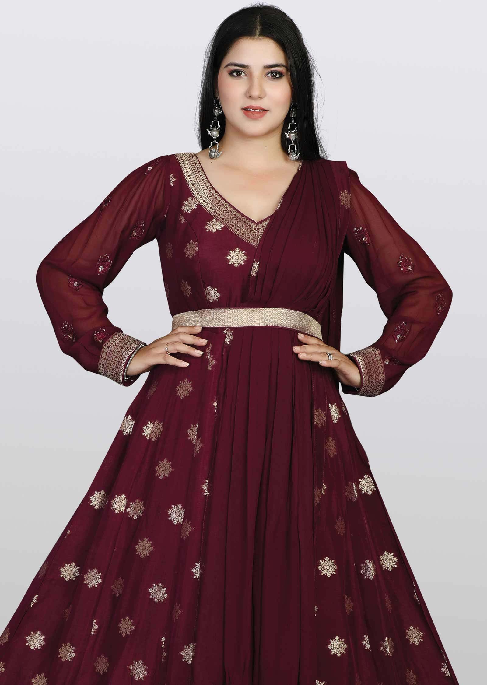 Wine Banaras Silk Sequins Anarkali