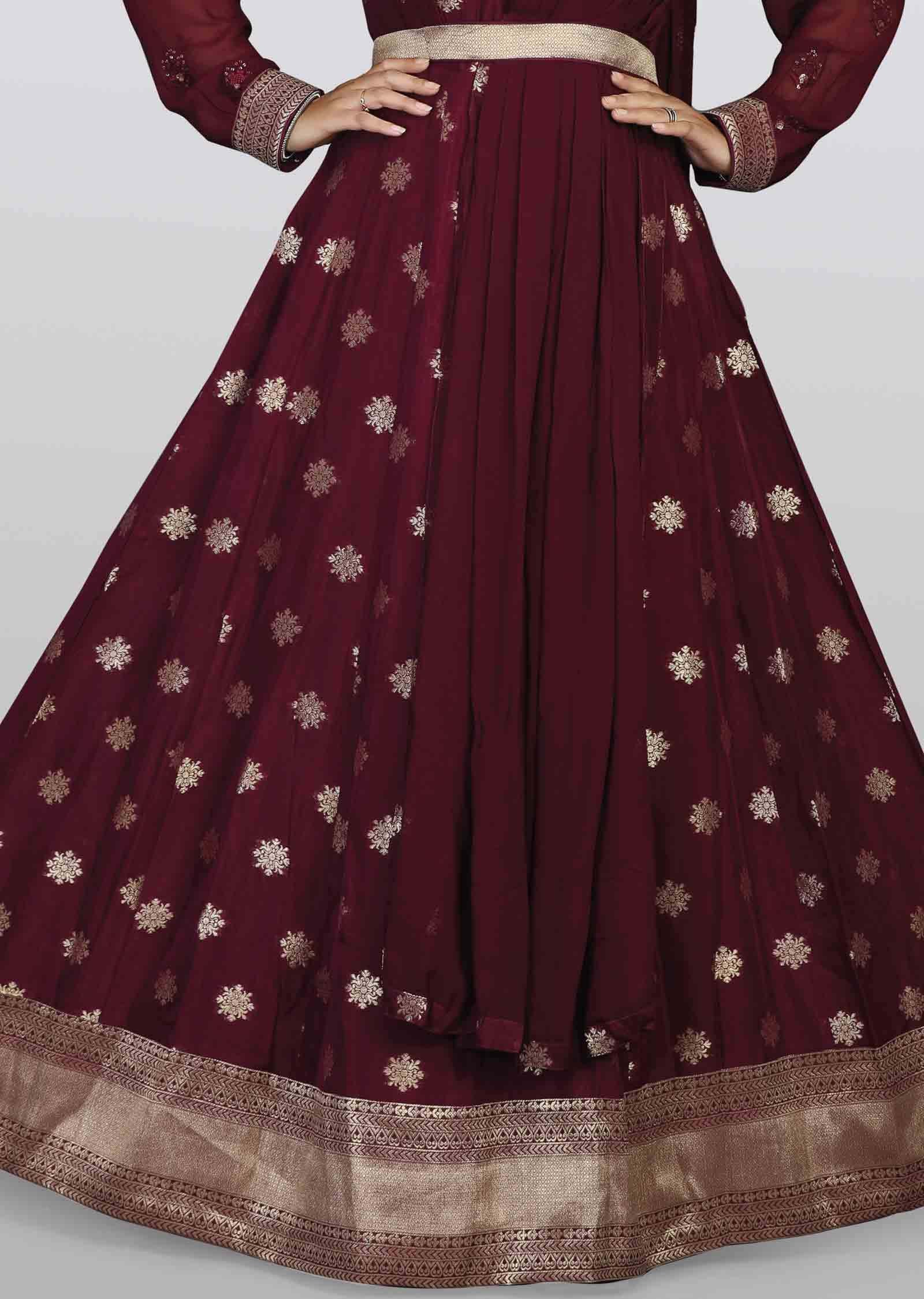 Wine Banaras Silk Sequins Anarkali