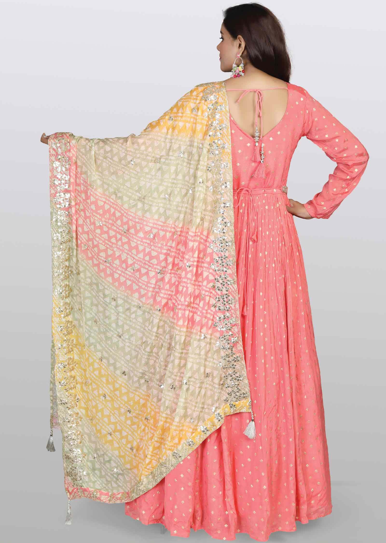 Peach Banaras Chinnon Embroidered Anarkali