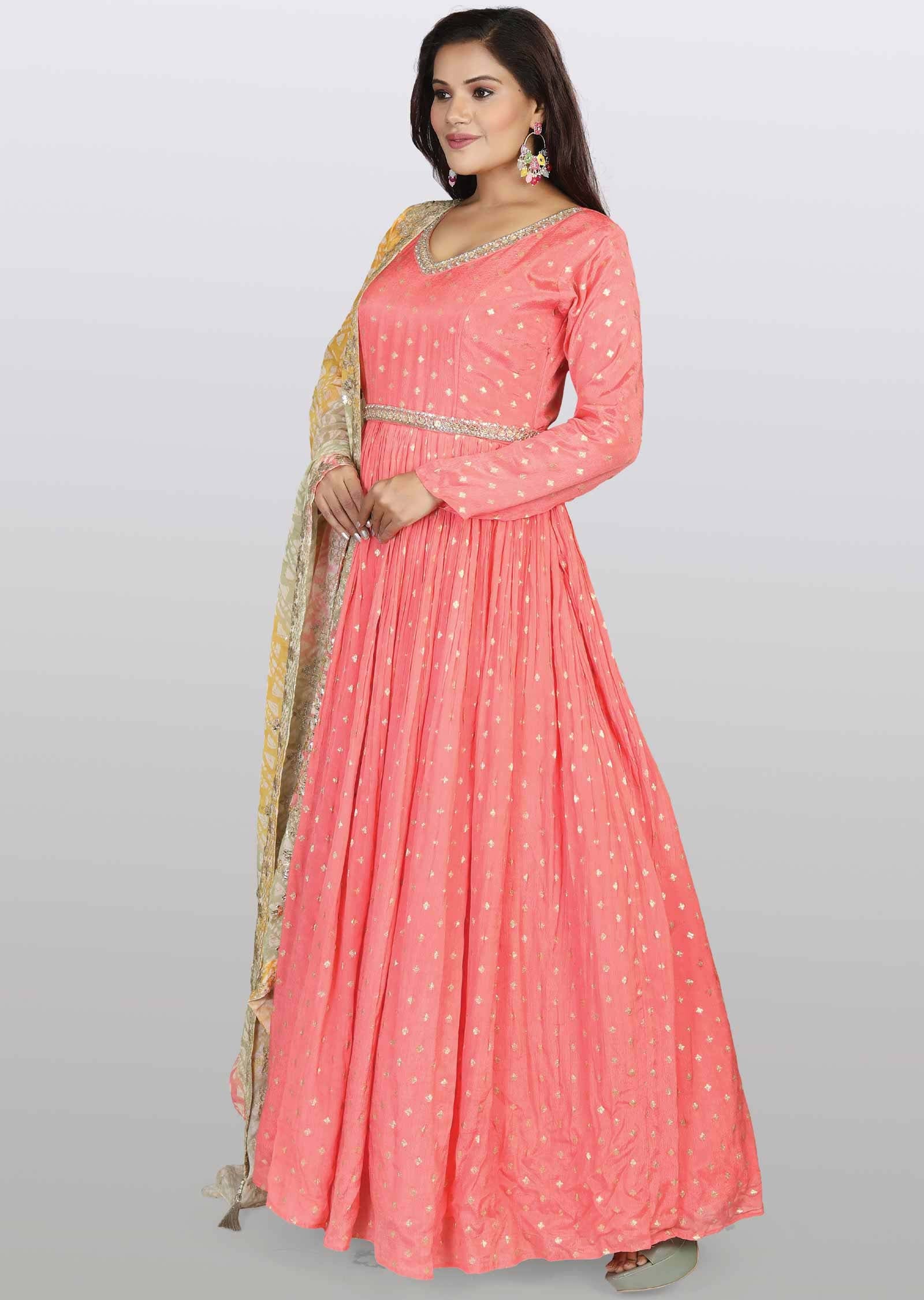 Peach Banaras Chinnon Embroidered Anarkali