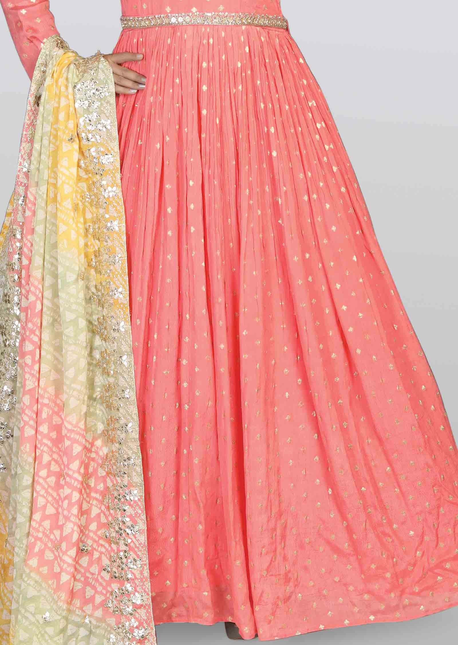 Peach Banaras Chinnon Embroidered Anarkali